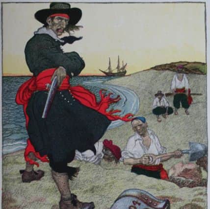 Howard Pyle's fanciful painting of Captain Kidd burying treasure