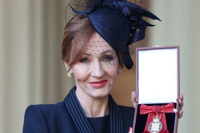 Harry Potter author JK Rowling after she was made a Companion of Honour by the Duke of Cambridge during an Investiture ceremony at Buckingham Palace, London