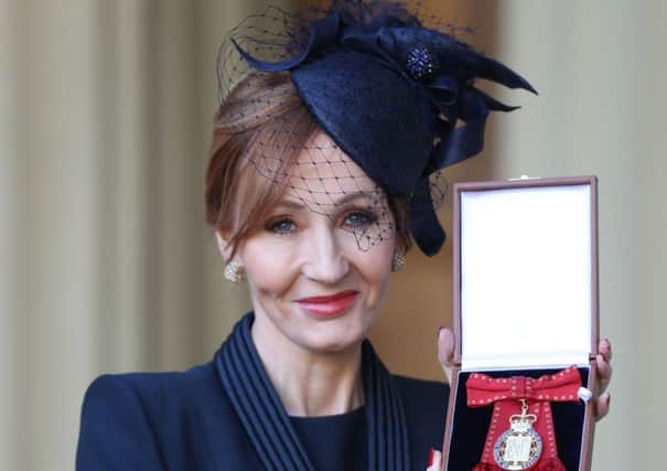 Harry Potter author JK Rowling after she was made a Companion of Honour by the Duke of Cambridge during an Investiture ceremony at Buckingham Palace, London