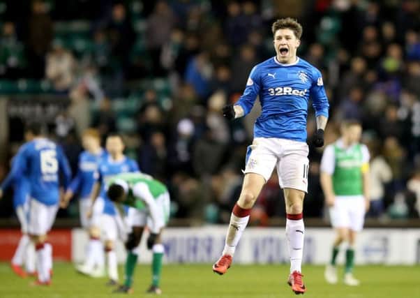 Rangers' Josh Windass celebrates after the final whistle during the Ladbrokes Scottish Premiership match at Easter Road. Pic by PA Sport.
