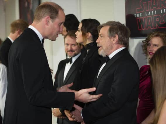 The Duke of Cambridge and Prince Harry meet members of the cast, including Mark Hamill, as they attend the European premiere of Star Wars: The Last Jedi, at the Royal Albert Hall