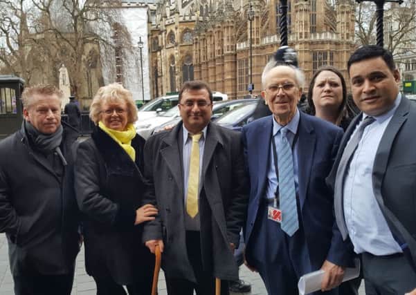 IRA victims from across Great Britain were led by Lord Tebbit to a meeting with home secretary Amber Rudd today. The delegation was seeking justice in a range of cases and also legal aid funding for victims. From left Brian and Julie Hambleton, Ihsan Bashir, Lord Tebbit, Susanne Dodds and Jonathan Ganesh. 13-12-17 PIC SUPPLIED.