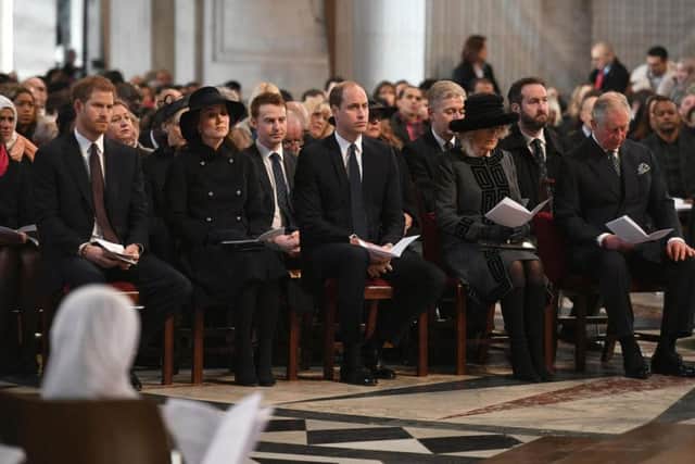 (Front row left to right) Prince Harry, The Duke and Duchess of Cambridge, The Duchess of Cornwall and The Prince of Wales attend the Grenfell Tower National Memorial Service at St Paul's Cathedral in London, to mark the six-month anniversary of the Grenfell Tower fire.