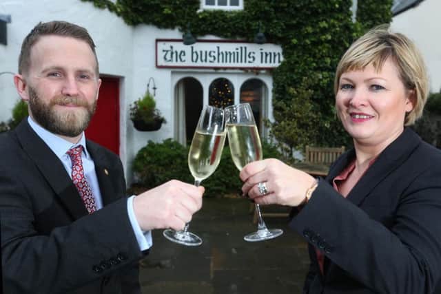 The Bushmills Inn celebrates its 30th Anniversary with a record haul of industry awards in 2017. The 4-star hotel picked up six major awards including Ã¢Â¬ÃœHotel of the YearÃ¢Â¬" and Ã¢Â¬ÃœCustomer Service ExcellenceÃ¢Â¬" at the 2017 Northern Ireland Tourism Awards. Pictured toasting this success is: (L-R) Kelly Neill, Assistant Hotel Manager; Alan Walls, Hotel Manager and Zoe Dunlop, Director.