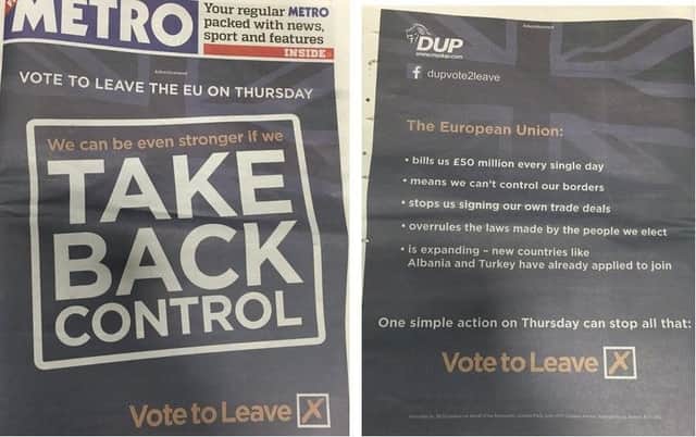 The Metro front cover wrap around paid for by a donation of Â£435,000 to the DUP during the Brexit referendum campaign