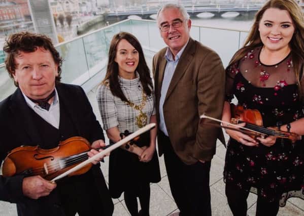 Musicians Frankie Gavin and Clare Friel with TG4's, PÃ¡dhraic Ciardha-LeascheannasaÃ­ and Lord Mayor Nuala McAllister at the launch of Gradam Ceoil