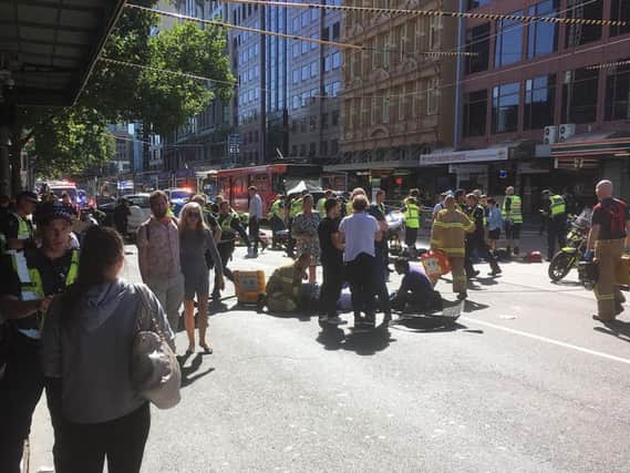 The scene in Melbourne, Australia, where more than a dozen people have been injured, some seriously, and a man has been arrested after a car collided with pedestrians outside a major train station. Photo: PA