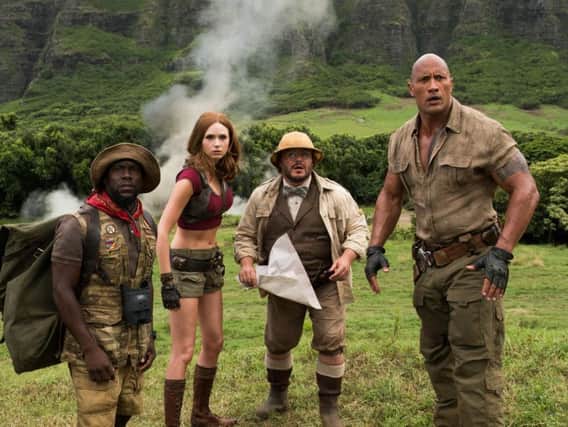 Kevin Hart, Karen Gillan, Jack Black and Dwayne Johnson in Jumanji: Welcome To The Jungle.