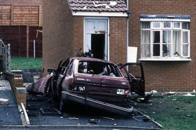 Scene of IRA car bomb which killed UDA spokesman John McMichael at his home in Hilden. Photo: Pacemaker.