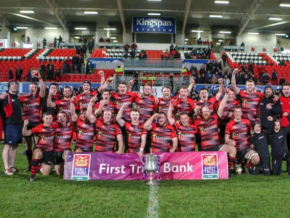 City of Armagh celebrate their victory over Ballymena in the final of the First Trust Senior Cup