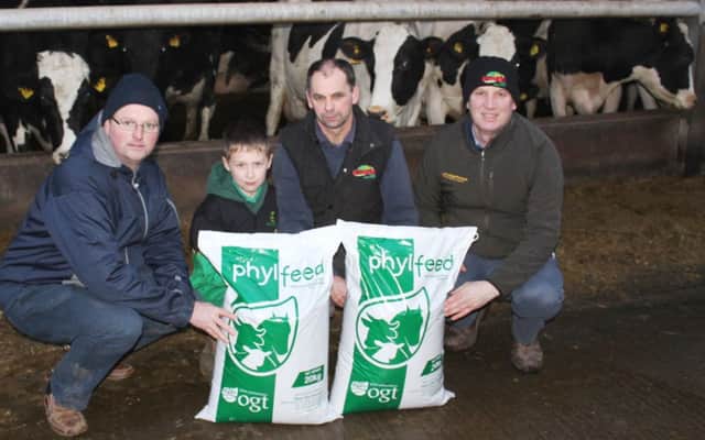 Discussing the benefits of PhylFeed are Francis Kyle, dairy farmer, Stranocum; his son Andrew, Seamus Cunningham, OGT and Richard Owens, Owens Farm Solutions