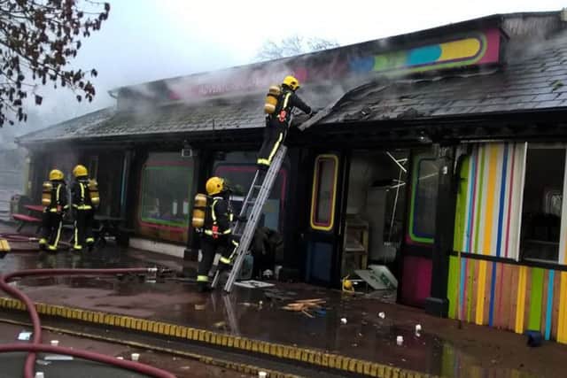 Firefighters damping down after they tackled a blaze at the Adventure cafe and shop near the Meerkat enclosure in London Zoo.