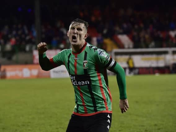 Glentoran's Marcus Kane celebrates as his side scores a late winner during todays game at The Oval in Belfast