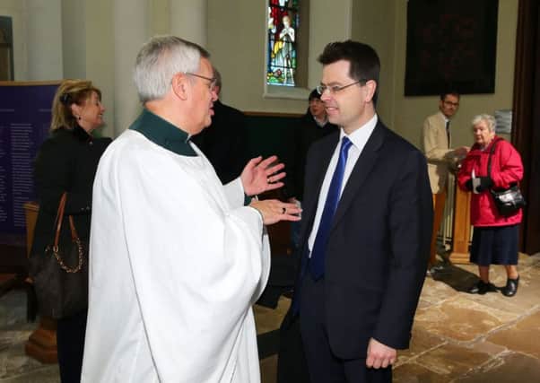 Secretary of State for James Brokenshire at Down Cathedral in Downpatrick with the Very Rev Henry Hull on St Patrick's Day 2017