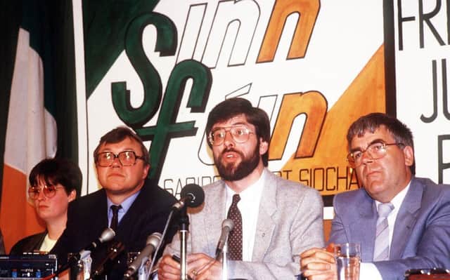 Gerry Adams at a Sinn Fein election press conference in the Felons Club in Belfast in 1987