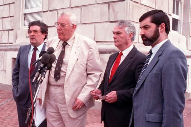 John Hume (left) with Ian Paisley, Martin Smyth and John Alderdice to announce preliminary talks in 1991