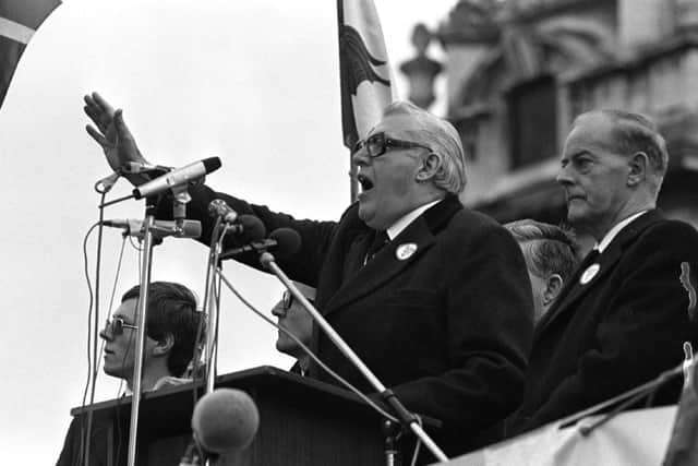 November 1985: Ian Paisley and Jim Molyneaux address the 250,000 crowd at the Anti Anglo Irish rally in Belfast in 1985 where Dr Paisley made his famous 'Never Never Never' speech