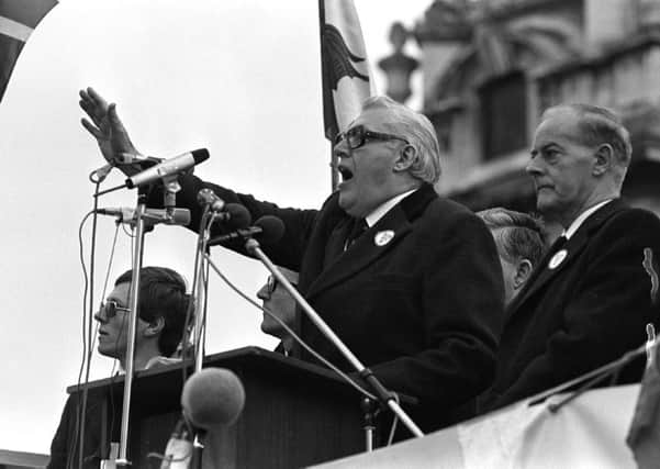 November 1985: 
Ian Paisley and Jim Molyneaux address the 250,000 crowd at the Anti Anglo Irish rally in Belfast in 1985 where Dr Paisley made his famous 'Never Never Never' speech