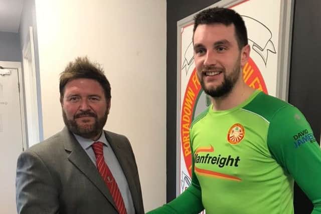 Portadown manager Niall Currie with January signing Liam McAuley. Pic courtesy of Portadown Football Club.