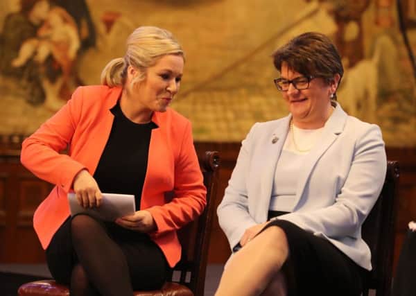 DUP leader Arlene Foster and Sinn Fein's Northern Ireland leader Michelle O'Neill  attend the Ulster fry breakfast at Manchester Town Hall during the Conservative Party Conference at the Manchester Central Convention Complex in Manchester. PRESS ASSOCIATION Photo. Picture date: Tuesday October 3, 2017
