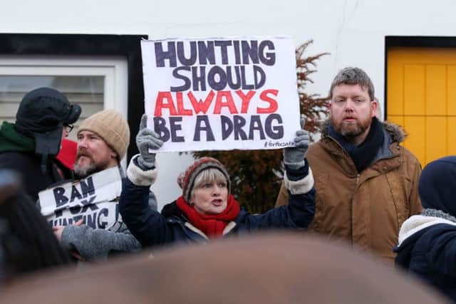 Protestors stage a New Year's Day protest in opposition to a drag hunt taking place in a Crawfordsburn, Co Down. Photo by Kelvin Boyes  / Press Eye