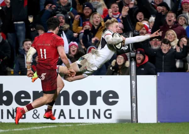 Ulster's Rob Lyttle crosses for the bonus point securing fourth try in the win over Munster