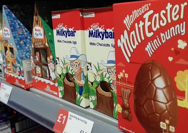 A picture from the Twitter feed of @amypoops of an Easter Eggs display in a Co-Op store in North Yorkshire