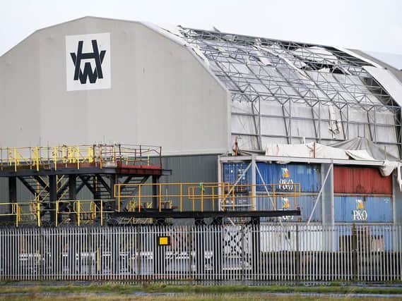 H&W paint hall with roof blown off