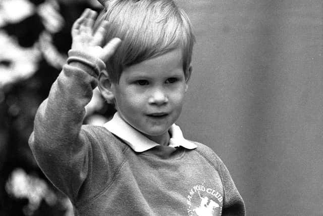 File photo dated 16/09/87 of Prince Harry arriving for his first day of nursery school at Chepstow Villas in west London with a Thomas the Tank Engine bag.