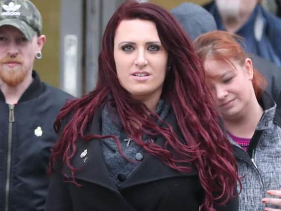 Britain First Deputy Leader Jayda Fransen leaving Belfast Magistrates' Court where she faced charges related to comments made about Islam