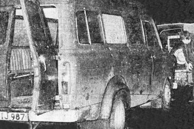 The bullet-riddled minibus in which the murdered Protestant workers were travelling in January 1976