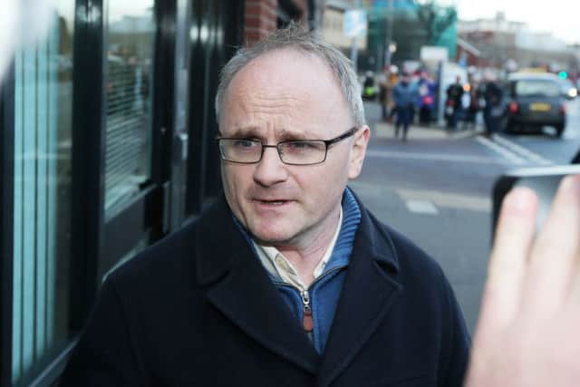 Sinn Fein MP for West Tyrone Barry McElduff pictured leaving the party's office on the Falls Road in west Belfast following a meeting where he was suspended for three months following a controversial Twitter post.

 Pic by Jonathan Porter/PressEye