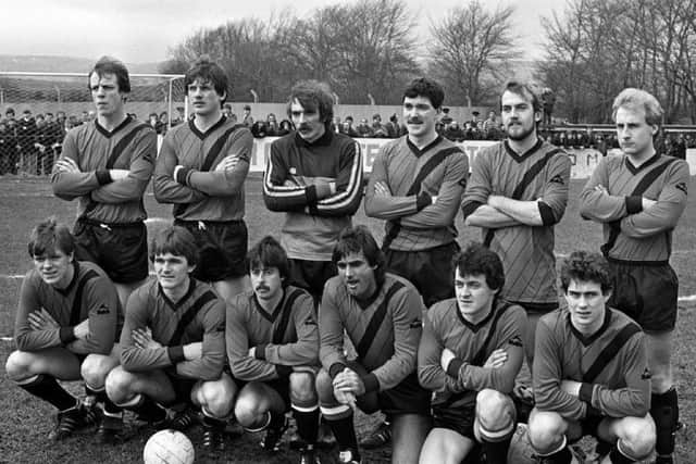 George Best, third from left in the front row, playing for poses with the Tobermore United team ahead of the Irish Cup clash against Ballymena United in 1984