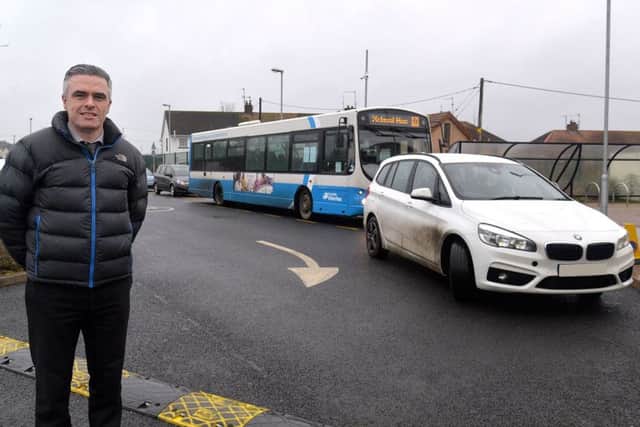 St Teresa's Primary School principal, Eunan Kearney pictured in the school carpark where the school bus has difficulty getting parked at times due to parents taking up the designated bus space. INLM02-200.