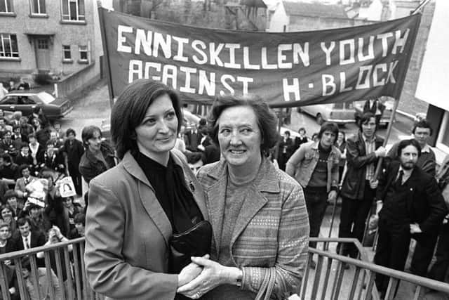 Bobby Sands' mother and sister, Marcella and Rosaleen Sands at the election celebration in Enniskillen after it had been announced that Bobby Sands had been elected MP for Fermanagh and South Tyrone in 1981.