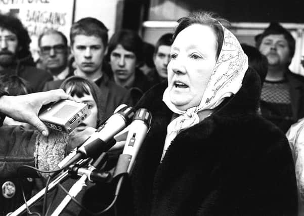 On the first day of Hunger Strike by Bobby Sands in Maze Prison people marched to the Busy Bee on the Falls Road at Andersonstown where they heard his mother Rosaleen Sands speak. Photo:  Pacemaker Press.