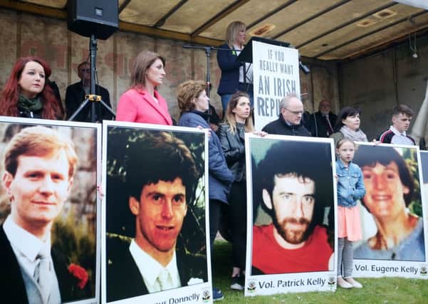 Michelle ONeill last year addressing a 30th anniversary commemoration for the IRA men killed at Loughgall by the SAS. Also at the commemoration, pictured below ONeill, is Barry McElduff MP. The IRA gang was implicated in scores of sectarian murders.