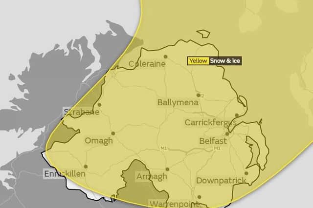 A yellow warning of snow and ice has been issued for Monday evening through to Wednesday morning
