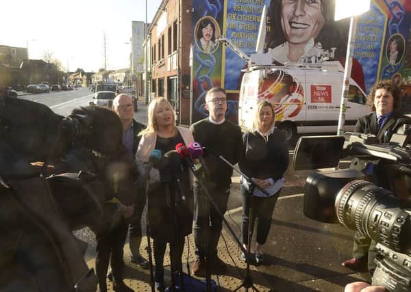 Sinn Feins Michelle ONeill outside the partys offices in west Belfast following the resignation of Barry McElduff