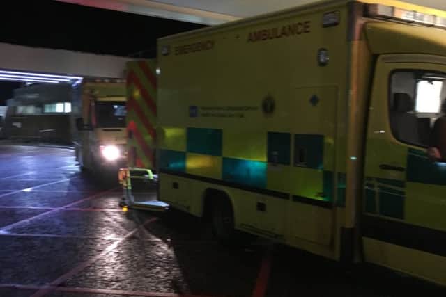 A fleet of ambulances queue at Craigavon  on Monday night