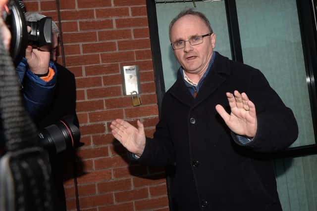 Barry McElduff is met by the media outside Sinn Fein headquarters in west Belfast last week after his original suspension was announced