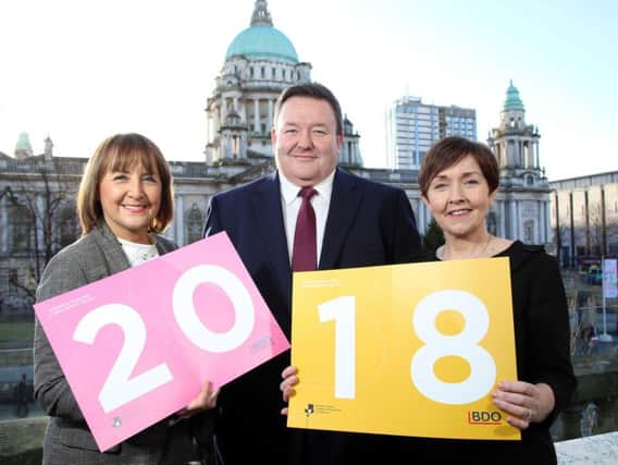Undated handout photo of Ann McGregor (Chief Executive of NI Chamber), Brian Murphy (Managing Partner at BDO) and Maureen O'Reilly (Economist) present the latest NI Chamber/BDO Quarterly Economic Survey findings.