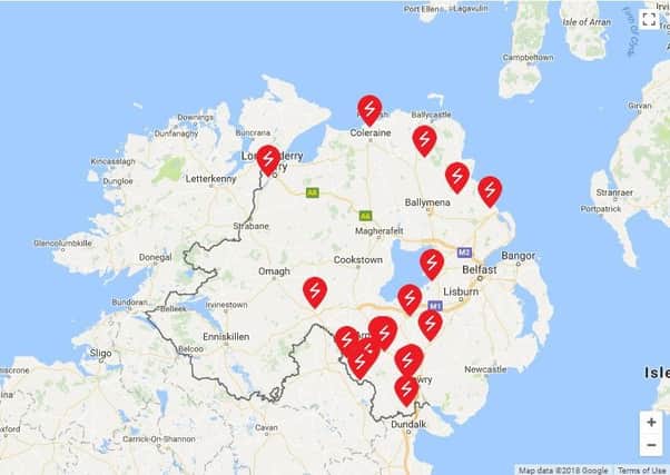 GoogleMap published by NIE Networks showing ongoing power cuts in Northern Ireland, as of 8.30am