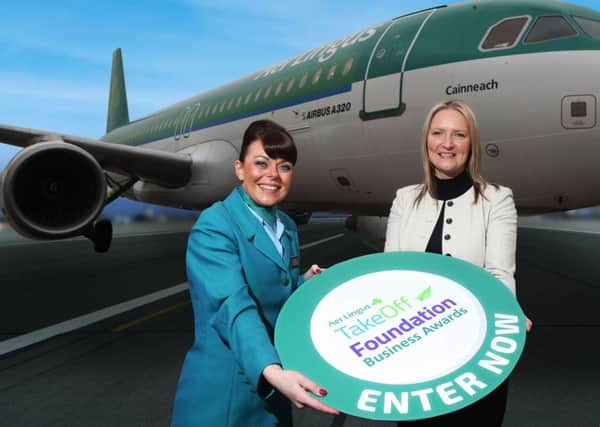Cabin crew member Lyndsey Minford launches the 2018 Aer Lingus business awards with NI business development manager Andrea Hunter