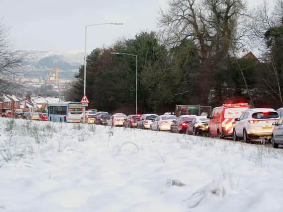 Bumper to bumper: this was the scene on a main route into Belfast this morning.