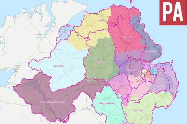 This revised Boundary Commission map was briefly posted on its website on Monday. The purple lines appear to represent proposed boundaries for the 17 new constituencies, whilst the underlying colours mark the boundaries for the current 18 constituencies