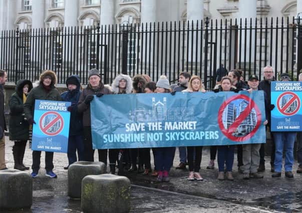 PACEMAKER BELFAST  17/01/2018
Save the Market protest Sunshine not Skyscrapers outside the High Court in Belfast this morning.