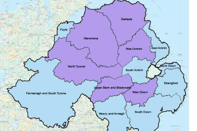 Map of new proposed political boundaries for Northern Ireland, 2016. The darker constituencies represent those with new names.