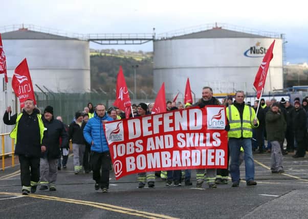 The Unite union organised a protest on 18 January in the Belfast factories of the Bombardier workforce against the proposed sanctions from the US International Trade Commission against the company after a complaint by Boeing.
 Photo: Stephen Davison