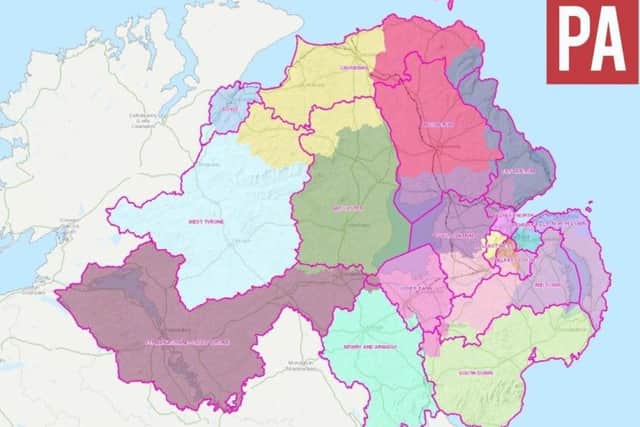 The new draft map. The coloured bits show the current constituencies, and the lines show the new proposed ones